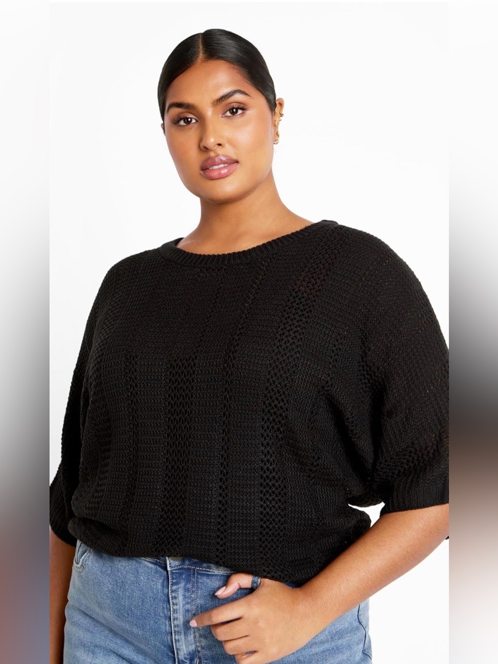 City Chic Black Open-Knit Crew Sweater